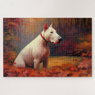 Puzzle Bull Terrier dans les feuilles d'automne qui tombe