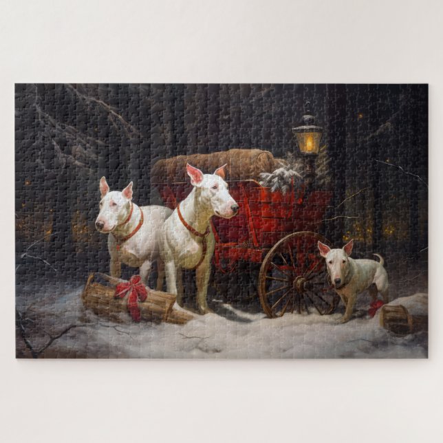 Puzzle Bull Terrier enneigé Traîneau Décor Noël  (Horizontal)