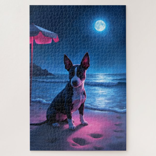 Puzzle Bull Terrier Scène de plage nocturne néon (Vertical)