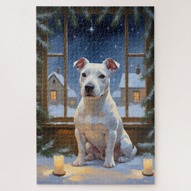 Puzzle Bull Terrier with Christmas Lights Holiday (Vertical)