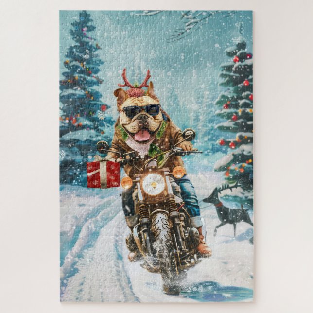 Puzzle Bulldog à moto Noël (Vertical)