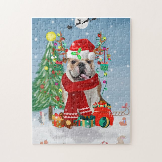 Puzzle Bulldog anglais en neige avec cadeaux de Noël (Vertical)
