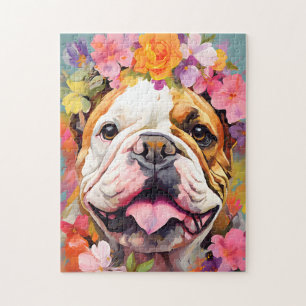 Puzzle Bulldog avec couronne de fleurs