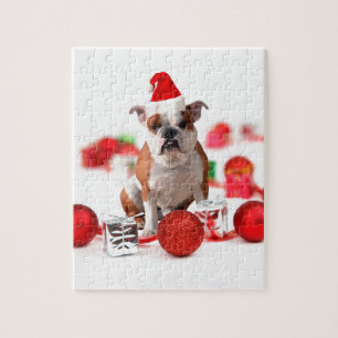 Puzzle Bulldog boîte cadeau de Noël Ornements Red Santa C