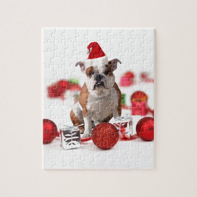 Puzzle Bulldog boîte cadeau de Noël Ornements Red Santa C (Vertical)