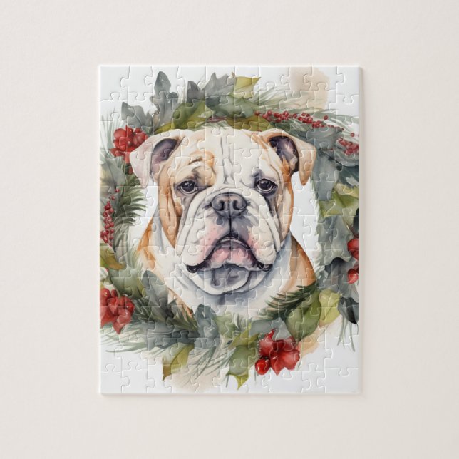 Puzzle Bulldog Christmas Wreath Festive Pup (Vertical)