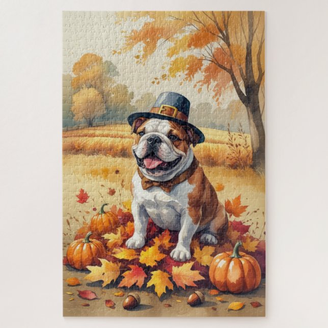 Puzzle Bulldog dans les feuilles d'automne Art de Thanksg (Vertical)