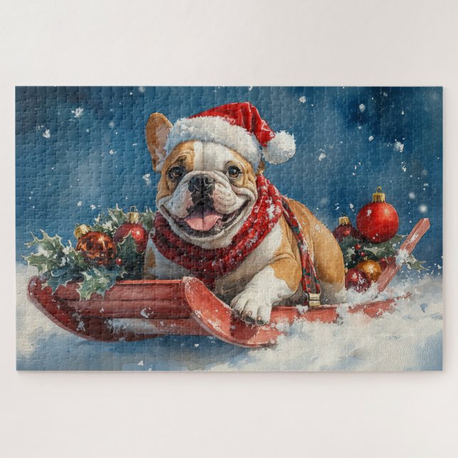 Puzzle Bulldog dans Sledge Let it Neige Noël (Horizontal)