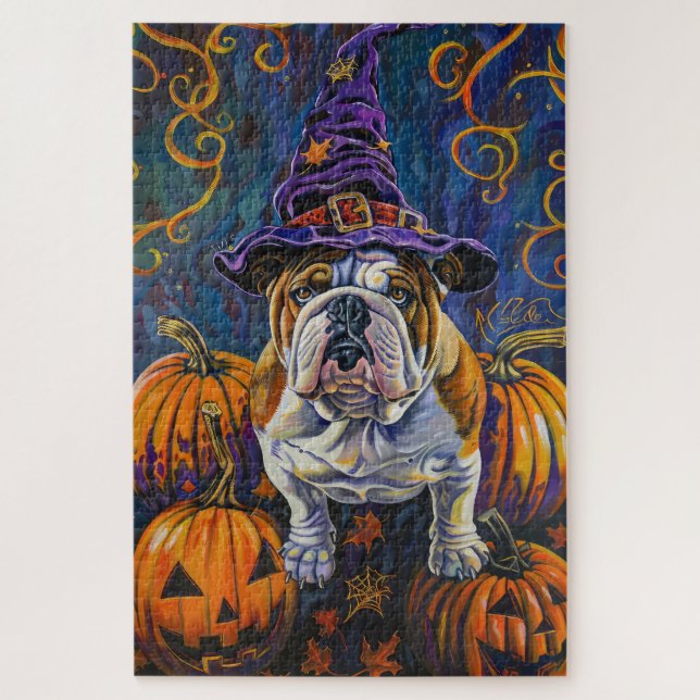 Puzzle Bulldog effrayant Halloween Sorcière et Citrouille (Vertical)