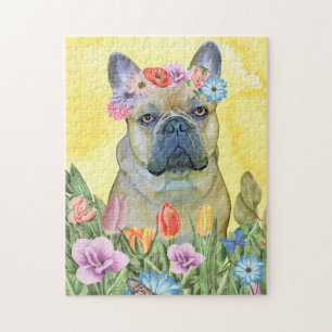 Puzzle Bulldog français avec printemps de fleurs