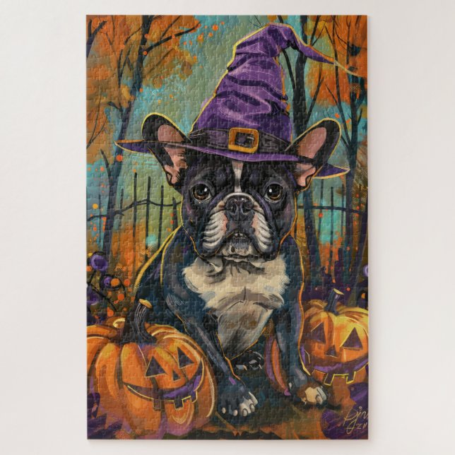 Puzzle Bulldog français effrayant, sorcière et citrouille (Vertical)