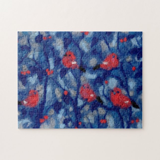 Puzzle Bullfinies, oiseaux rouges, arbres de la forêt ble (Horizontal)