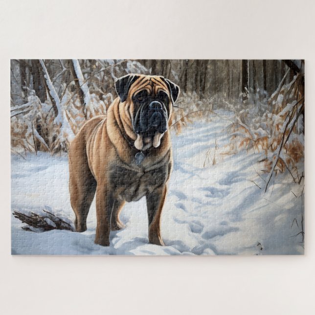 Puzzle Bullmastiff Qu'il neige Noël (Horizontal)