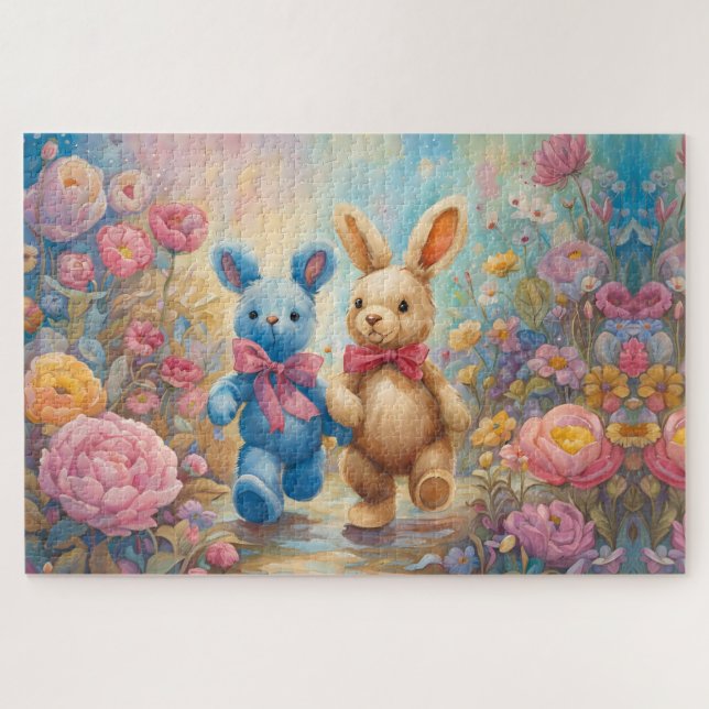 Puzzle Bunnies Stuffés Dans un Jardin Pastel (Horizontal)