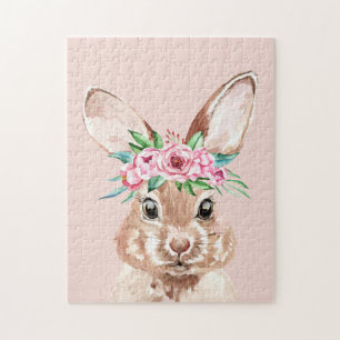 Puzzle Bunny D'Aquarelle Rose Pastel Moderne Avec Fleurs