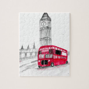 Puzzle Bus rouge Londres aquarelle vintage Angleterre