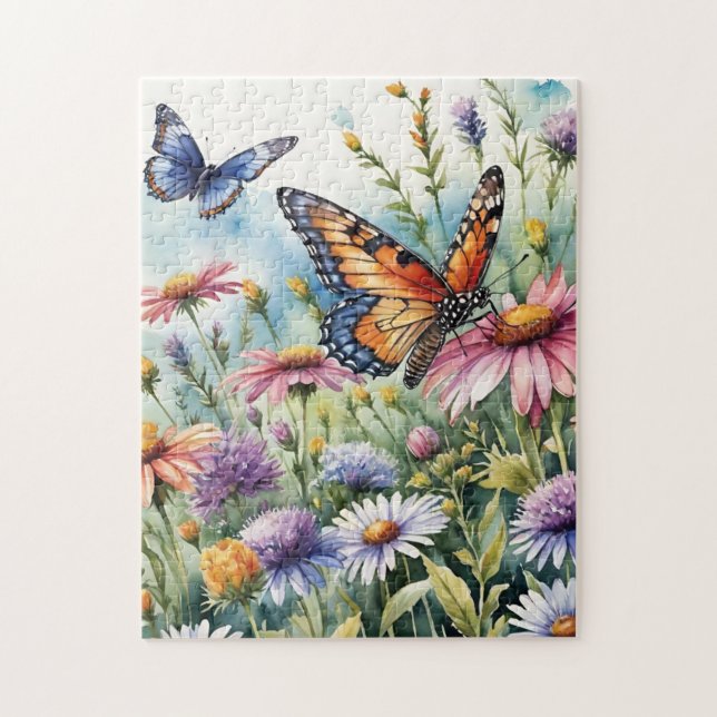 Puzzle Butterfly Spring Meadow Wildflowers Watercolor (Vertical)
