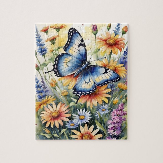 Puzzle Butterfly Spring Meadow Wildflowers Watercolor (Vertical)