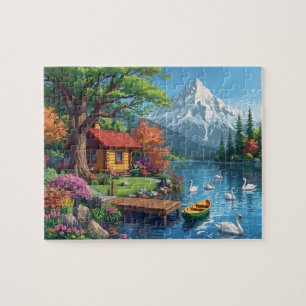 Puzzle Cabane au bord du lac de montagne Cygnes Quai Vue