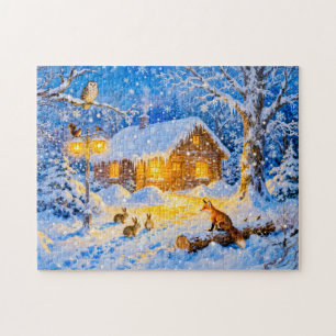 Puzzle Cabane de forêt hivernale avec animaux des bois