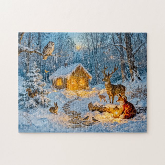 Puzzle Cabane de forêt hivernale avec cerf, renard et hib (Horizontal)