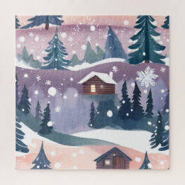 Puzzle Cabane de montagne enneigée aquarelle