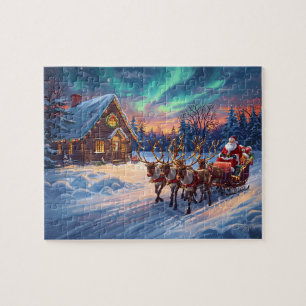 Puzzle Cabane de rennes du Père Noël Lumières du Nord Noë