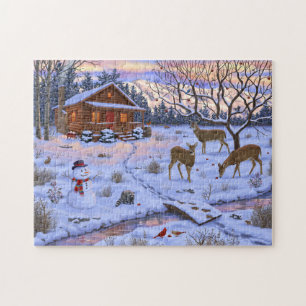 Puzzle Cabane d'hiver cerf dans la neige scène de Noël