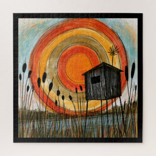 Puzzle Cabane sur pilotis au coucher du soleil dans la zo