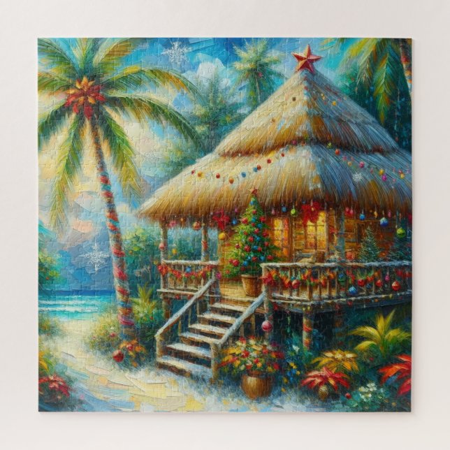 Puzzle Cabane Tropicale Noël Palm Tree Beach Lumières (Vertical)