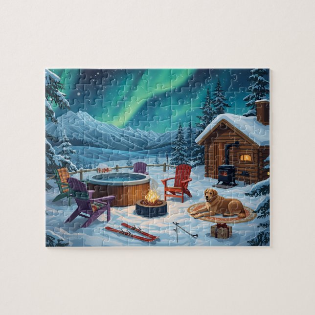 Puzzle Cabine avec bain à remous sous les aurores boréale (Horizontal)
