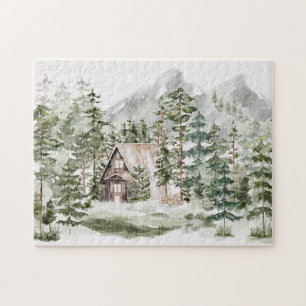 Puzzle Cabine d'aquarelle dans la forêt de pins verts