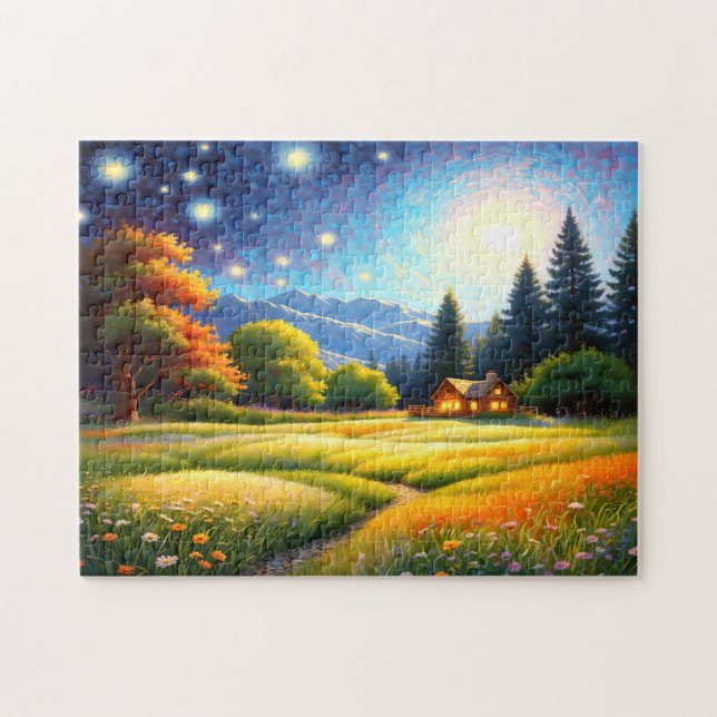 Puzzle Cabine de forêt de montagne Art (Horizontal)