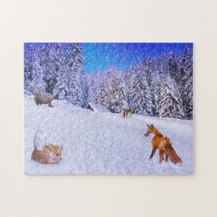 Puzzle Cabine d'hiver avec des amis de la faune