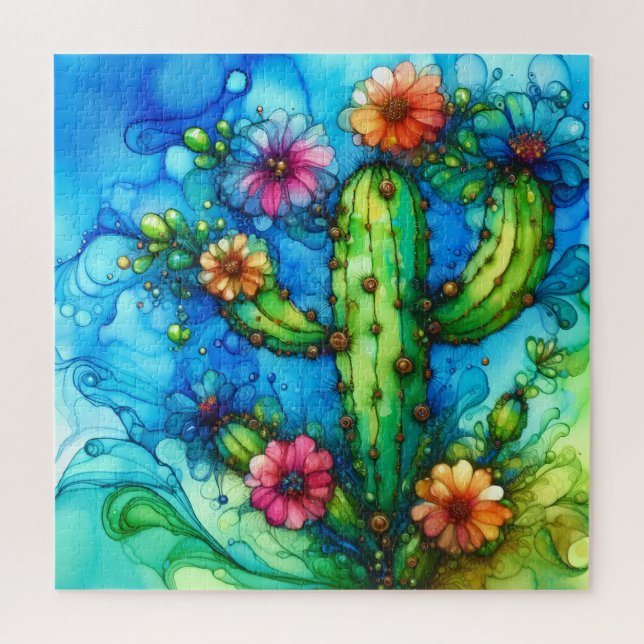 Puzzle Cactus Alcohol Ink (Vertical)