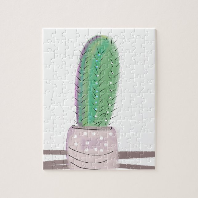 Puzzle Cactus Aquarelle Moderne dans un Pot de Pierre Art (Vertical)