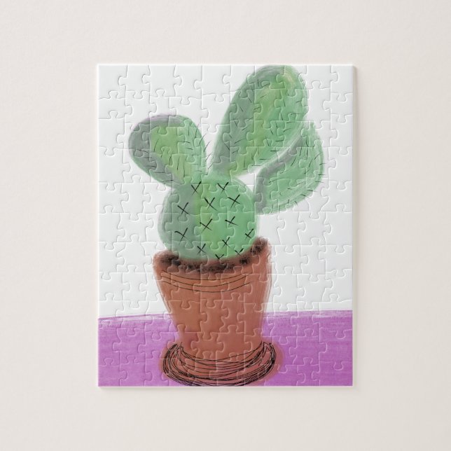 Puzzle Cactus aquarelle moderne dans un pot en terre cuit (Vertical)