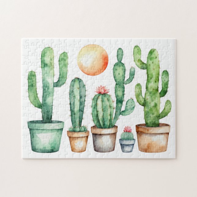 Puzzle Cactus Cactées Désert Succulente Aquarelle Moderne (Horizontal)