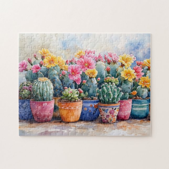 Puzzle Cactus et fleurs d'aquarelle de printemps (Horizontal)