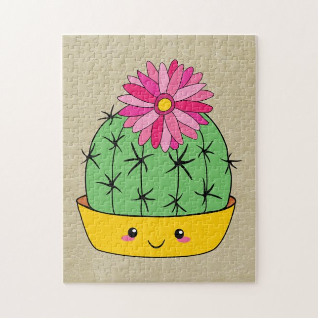 Puzzle Cactus Kawaii de style japonais avec fleur de dess (Vertical)