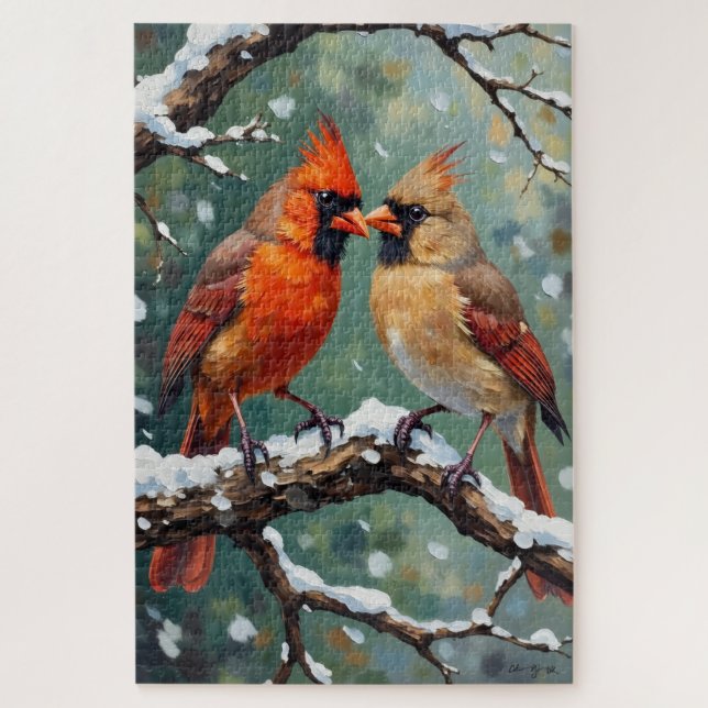 Puzzle Cadeau de la Saint-Valentin Couple de Cardinal Rou (Vertical)