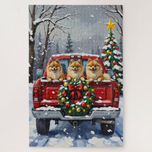 Puzzle Cadeau de Noël Camion Rouge Pomeranian Fêtes