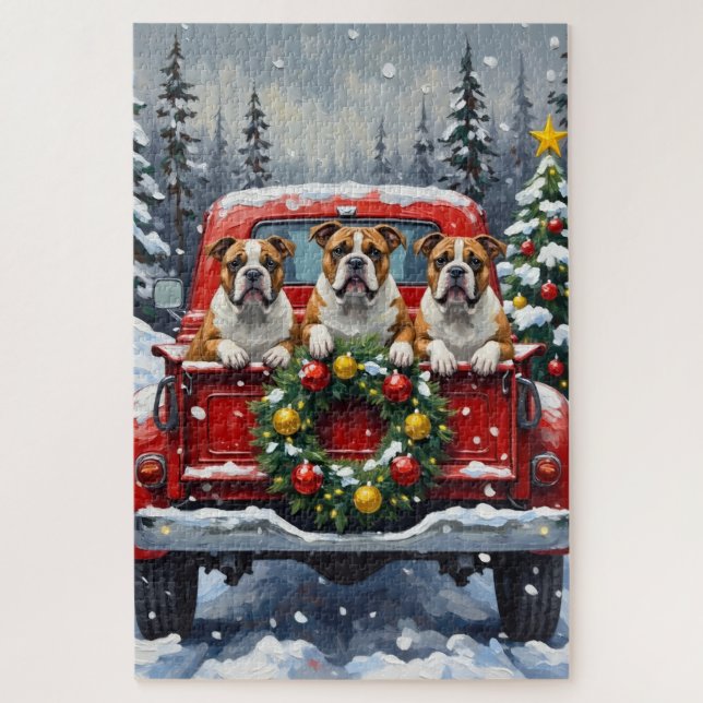 Puzzle Cadeau de Noël camionnette rouge Bulldog (Vertical)
