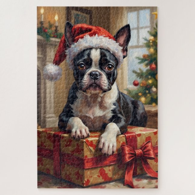 Puzzle Cadeau de Noël de chien Boston Terrier élégant (Vertical)