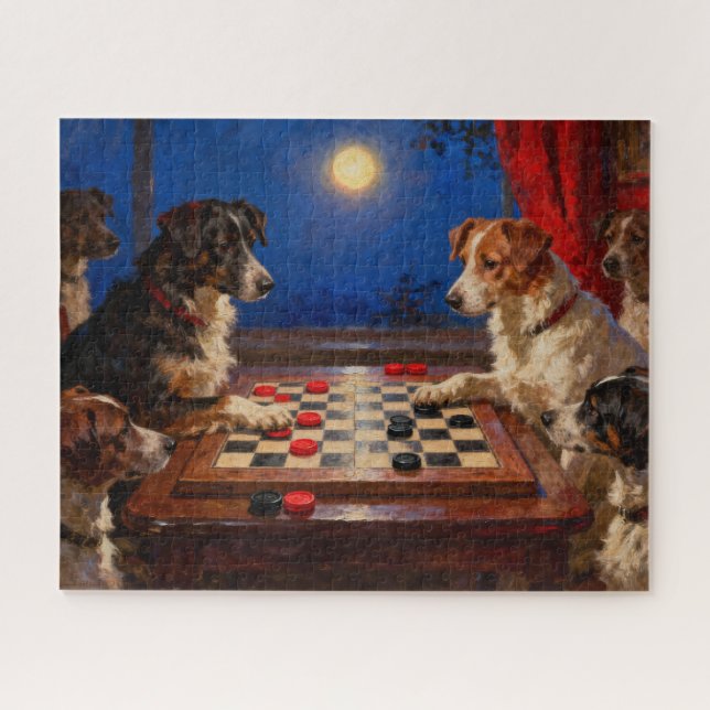 Puzzle Cadeau Drôles Chiots Jouant aux Dames  (Horizontal)