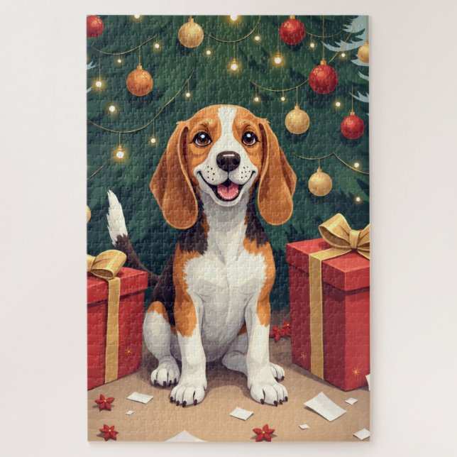 Puzzle Cadeau du matin de Noël Beagle - Peinture de débal (Vertical)