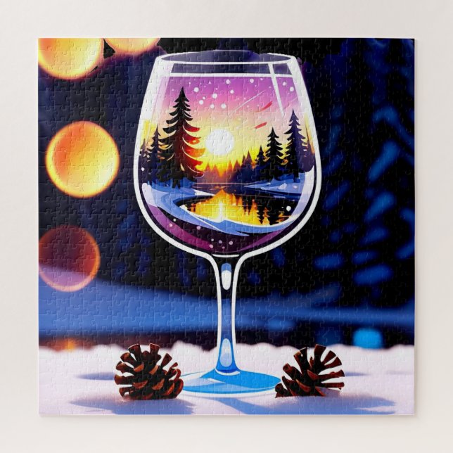 Puzzle Cadeau Verre à Vin Coucher de Soleil d'Hiver pour  (Vertical)