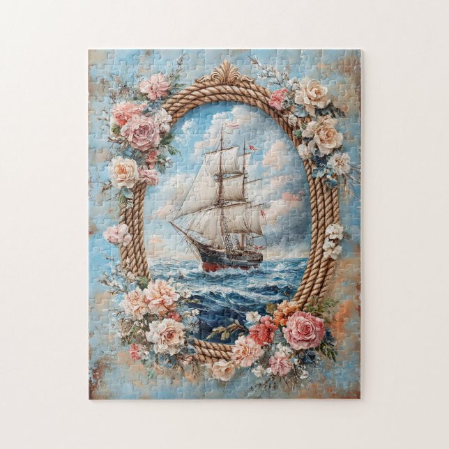 Puzzle Cadre de corde de peinture de navire avec Roses (Vertical)