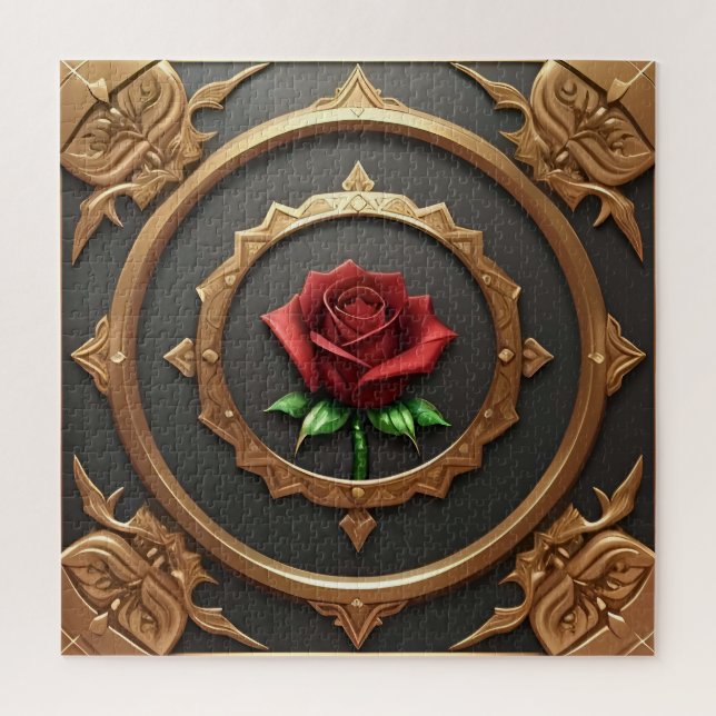 Puzzle Cadre doré complexe avec rose rouge (Vertical)