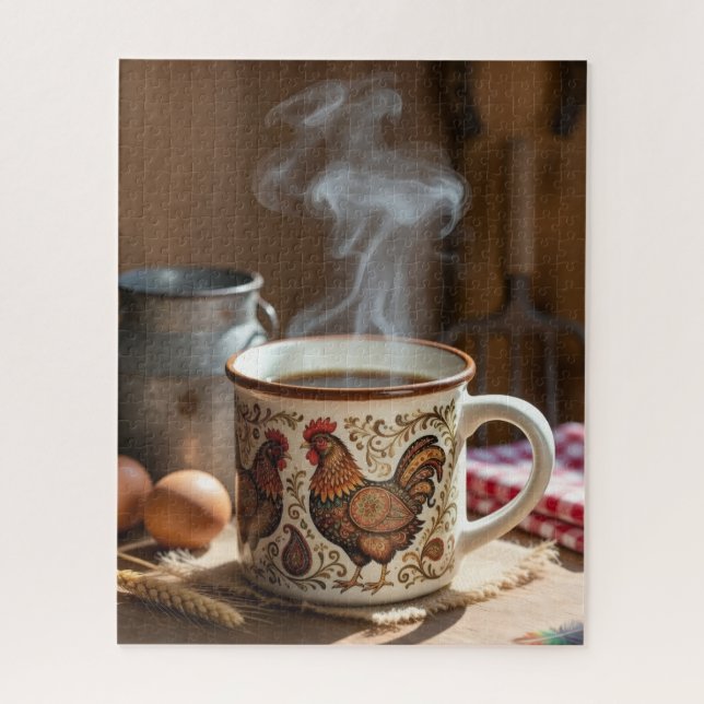 Puzzle Café fumant dans un mug en forme de poulet de styl (Vertical)